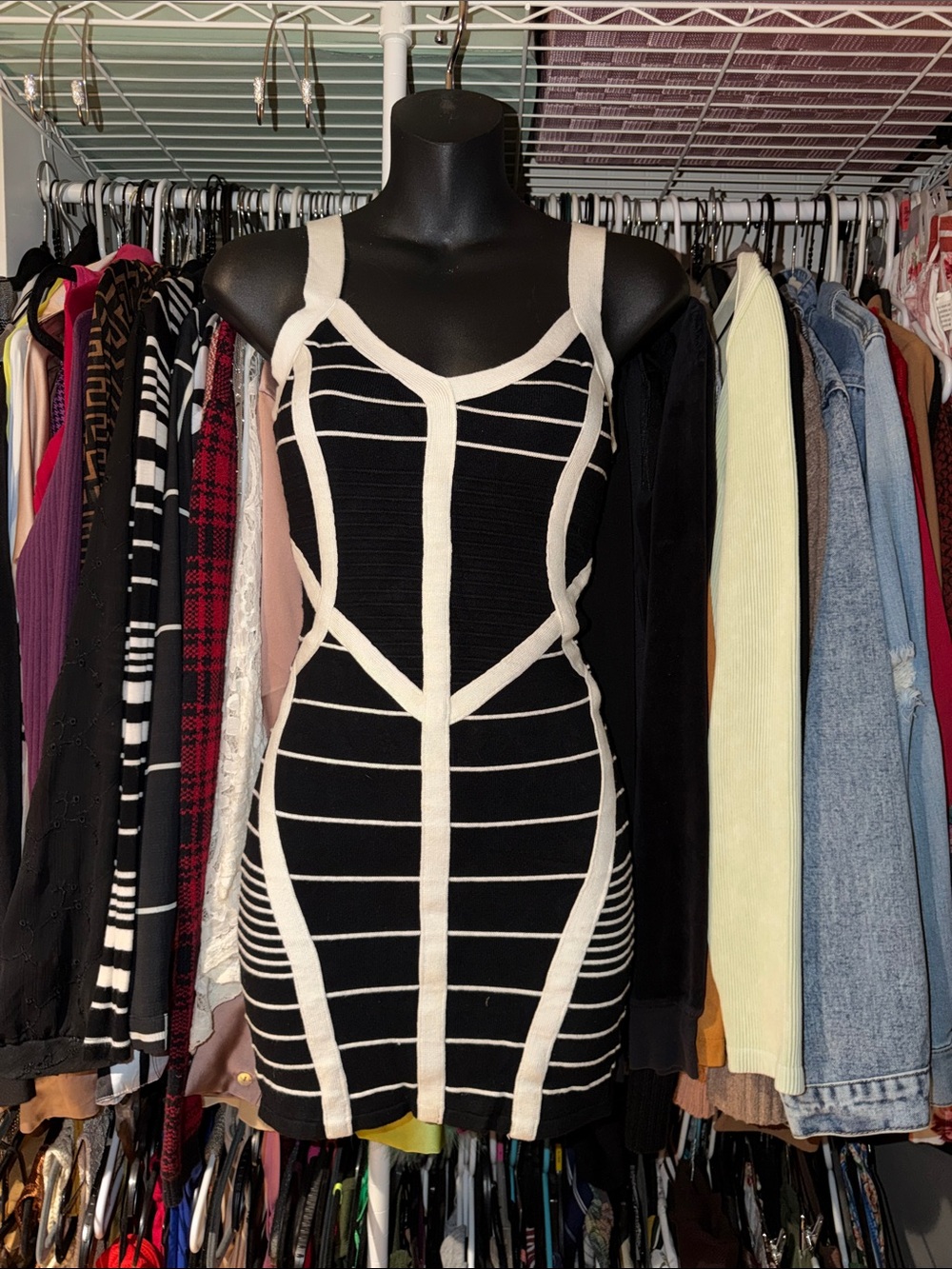 WOW couture Black and Cream Striped Bodycon Mini Dress
